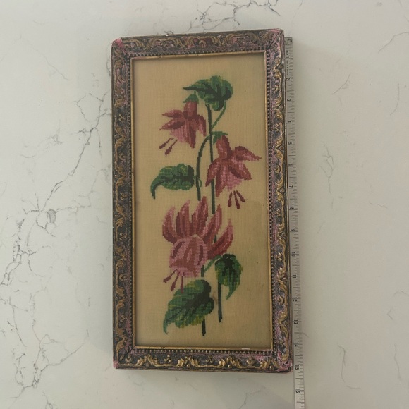 VTG Cross Stitch Floral Needlepoint Wall Art - Pink & Green Fuchsia Design - Picture 4 of 10